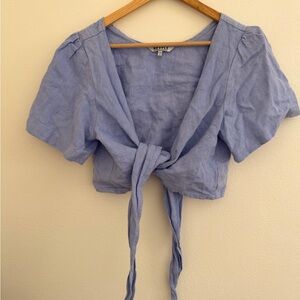Nettle Light Blue Tie-Front Crop Top with Puff Sleeves